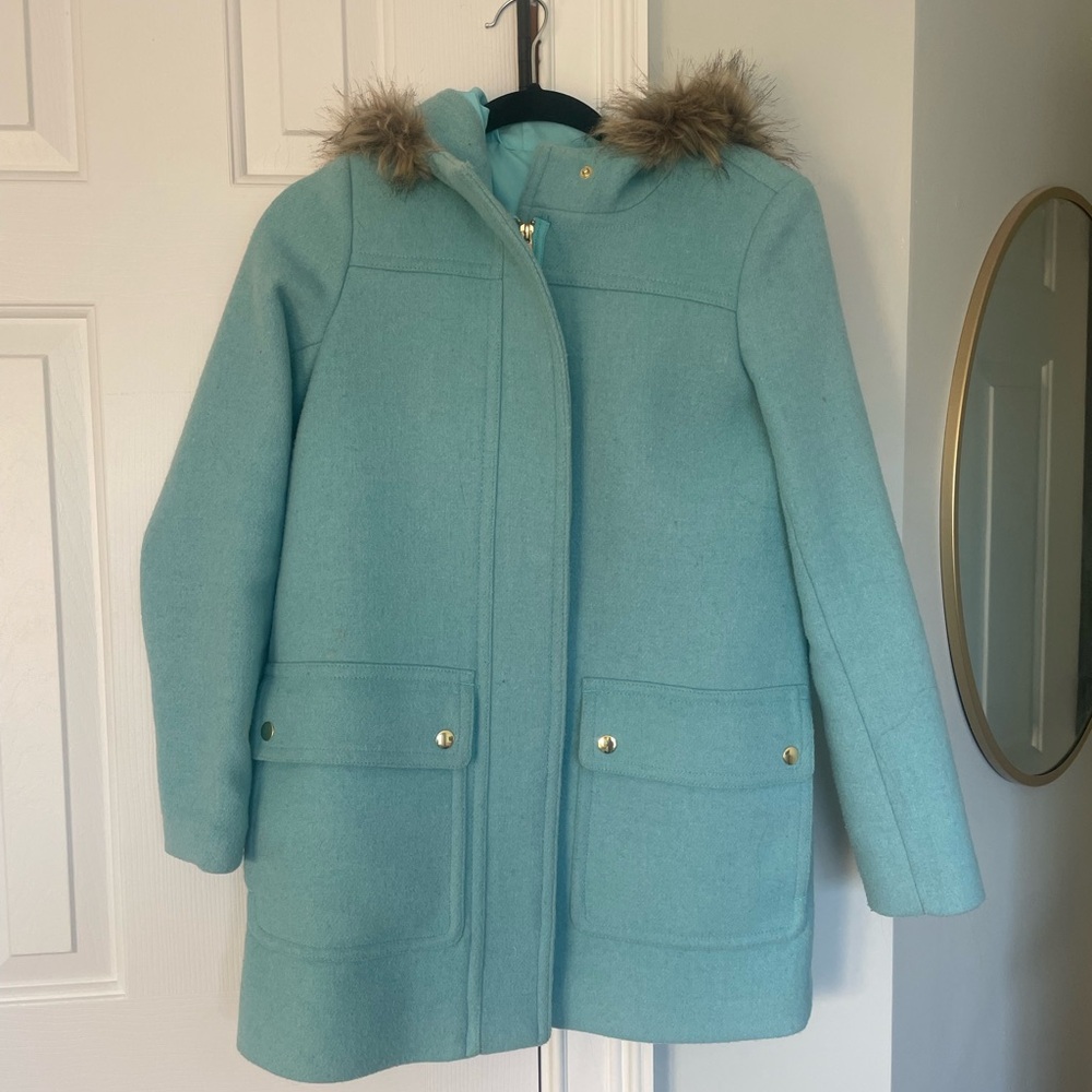 Aqua blue wool blend coat with faux fur hood and gold trim, 00